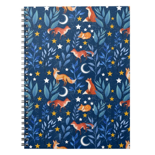 Fox Night Forest Celestial Seamless Pattern Notebook (Front)
