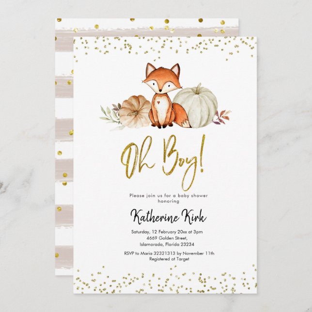 Fox Oh Boy Fall Pumpkin Baby Shower Invitation (Front/Back)