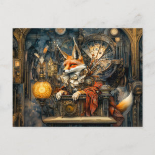 Fox on a Steampunk Pulpit in a Mystical Scene Postcard