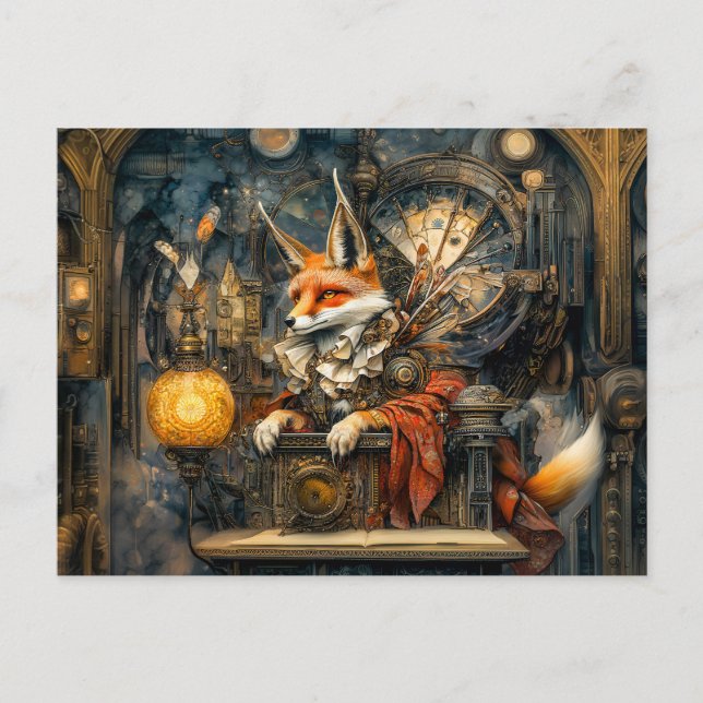 Fox on a Steampunk Pulpit in a Mystical Scene Postcard (Front)
