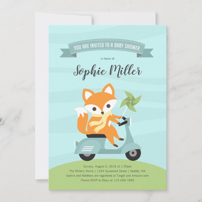 Fox on Scooter Baby Shower Invitation (Front)