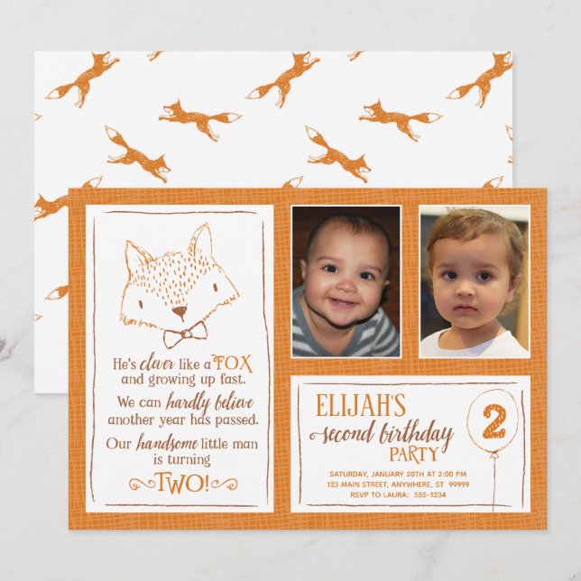 Fox Orange White 2nd Birthday Photo Invitation (Front/Back)