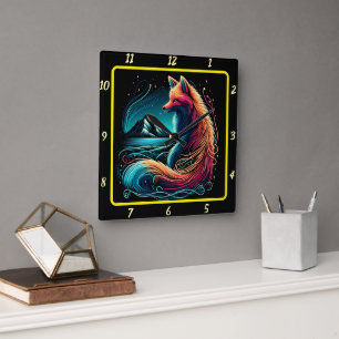 Fox Overlooking Midnight Mountains Square Wall Clock