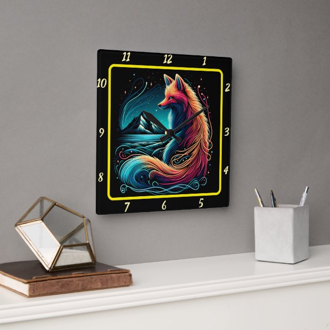 Fox Overlooking Midnight Mountains Square Wall Clock (Office)