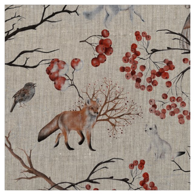 fox - owl - squirrel - tree branches fabric (Swatch)
