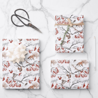 fox - owl - squirrel - tree branches wrapping paper sheet