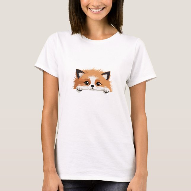 Fox Peeking Cute Adorable Funny Animal Cartoon Art T-Shirt (Front)