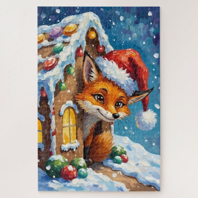 Fox Peeking from Gingerbread House Hat Jigsaw Puzzle (Vertical)