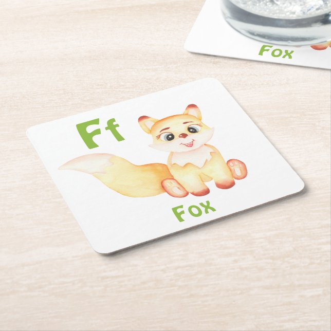 Fox personalise ABC: Letter F - Add Your Name Square Paper Coaster (Angled)