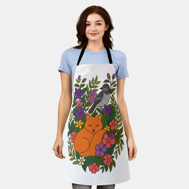 Fox, pigeon and flowers apron (Worn)