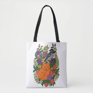 Fox, pigeon and flowers tote bag