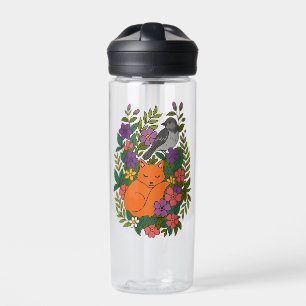 Fox, pigeon and flowers water bottle
