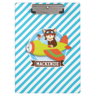 Fox Pilot in Green & Orange Aeroplane; Blue Stripe Clipboard