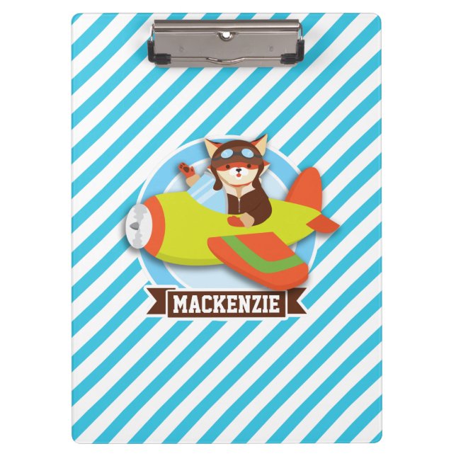 Fox Pilot in Green & Orange Aeroplane; Blue Stripe Clipboard (Front)