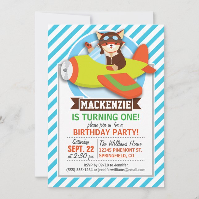 Fox Pilot in Green & Orange Aeroplane; Blue Stripe Invitation (Front)