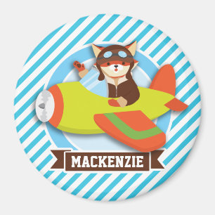 Fox Pilot in Green & Orange Aeroplane; Blue Stripe Magnet