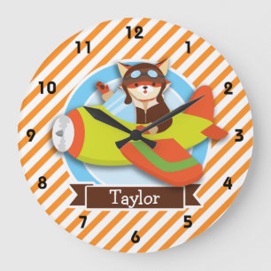 Fox Pilot in Green & Orange Aeroplane Large Clock