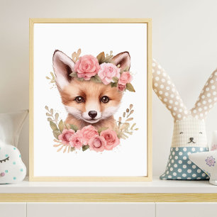 Fox Pink Floral Girl Nursery Print Poster