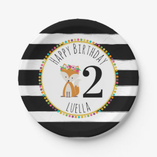Fox Pompom Stripes Birthday Paper Plate