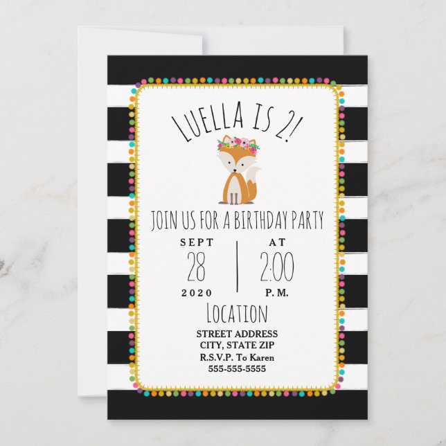 Fox Pompom Stripes Party Invitation (Front)