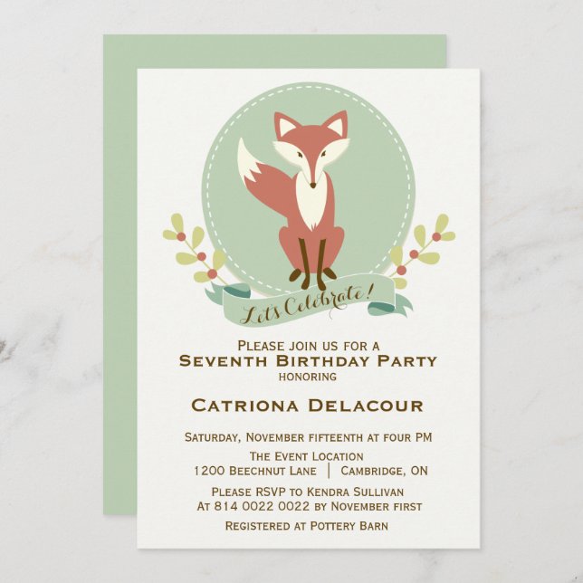 Fox Portrait Floral Kids Birthday Party Invitation (Front/Back)