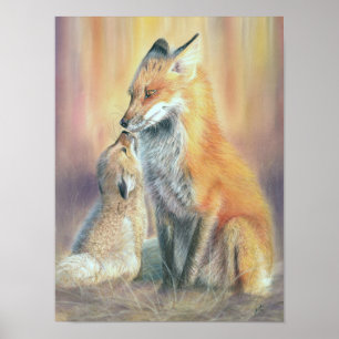 Fox print wall art poster. A fox mother and Cub