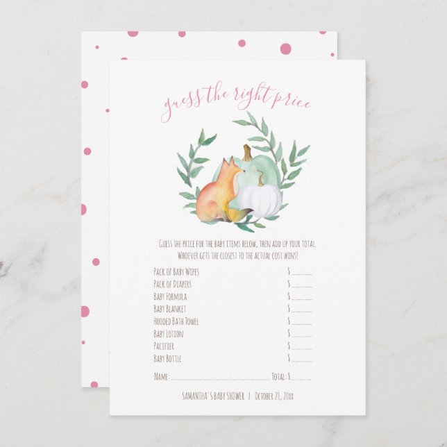 Fox Pumpkin Price Game Card – November Baby Shower (Front/Back)