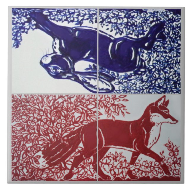 Fox, Rabbit Floral Navy Blue Red Drawing Ceramic Ceramic Tile (Front)
