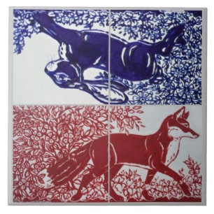 Fox, Rabbit Floral Navy Blue Red Drawing Ceramic Tile