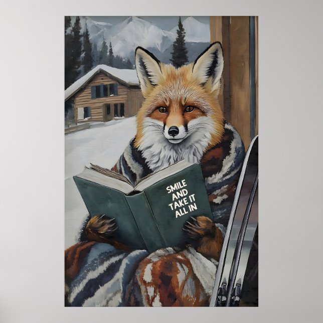 Fox Reading Ski Art Print Motivational Winter (Front)