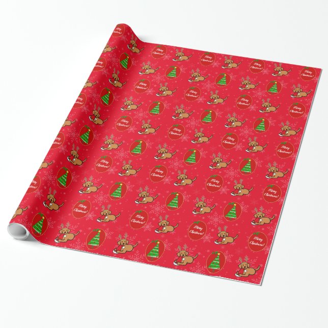 Fox Red Labrador and Santa Christmas Cartoon Wrapping Paper (Unrolled)