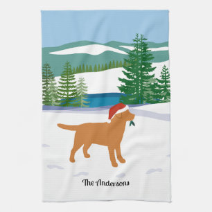 Fox Red Labrador Christmas Evergreen Santa Hat Tea Towel