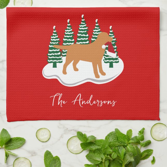 Fox Red Labrador Christmas Evergreen Trees Tea Towel (Folded)