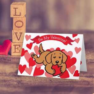 Fox Red Labrador Puppy Chewing Heart Valentine Holiday Card