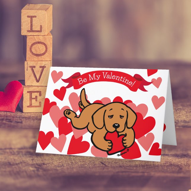 Fox Red Labrador Puppy Chewing Heart Valentine Holiday Card (Fox Red Labrador Puppy Chewing Heart Valentine's Day Cards for Labrador Owners.  Cute Cartoon art.)