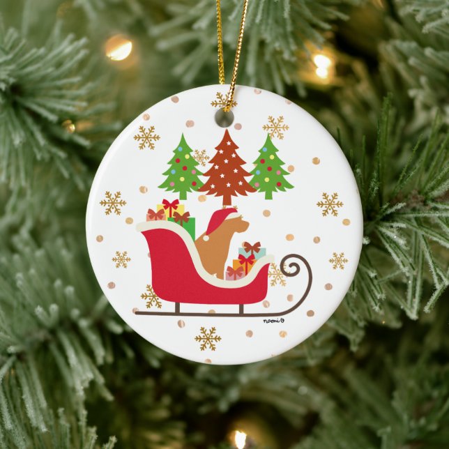 Fox Red Labrador Silhouette Christmas Sleigh Ceramic Ornament (Tree)