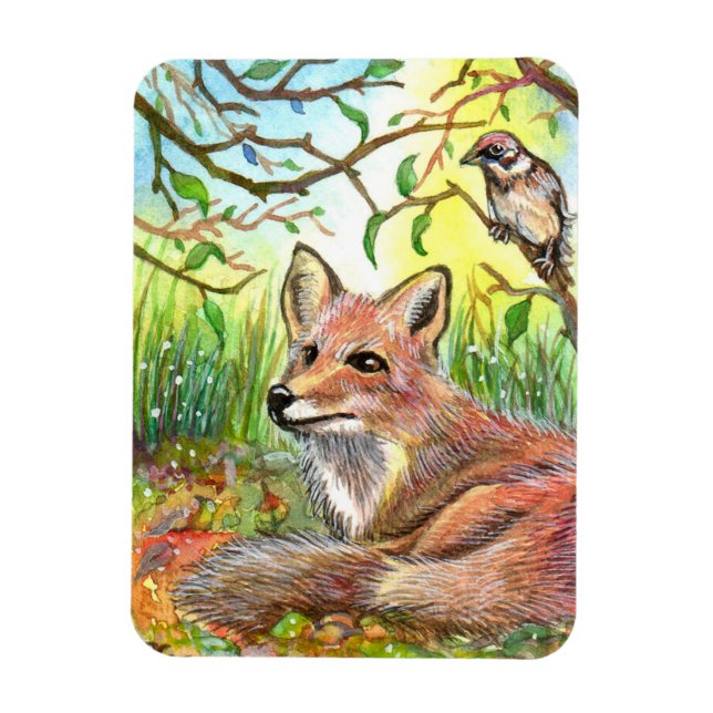 Fox Resting With Sparrow Magnet (Vertical)