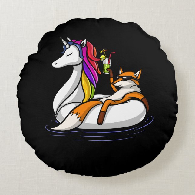Fox Riding A Unicorn Float Animal Pool Party Round Cushion (Front)