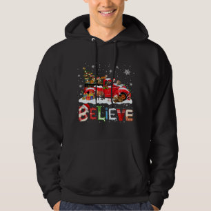 Fox Riding Red Truck Christmas Tree Believe Santa Hoodie