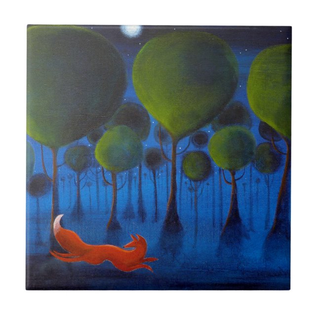 Fox Running In Woodland at Night. Tile (Front)