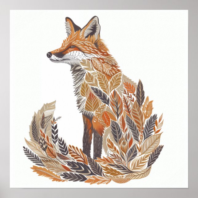 Fox Silhouette with Detailed Leaf Patterns Poster (Front)