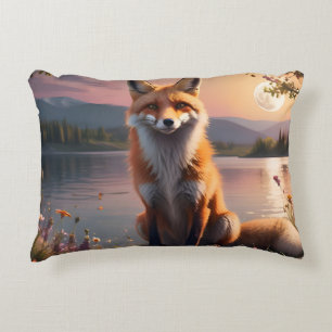 Fox sitting by the lake in the sunset. decorative cushion