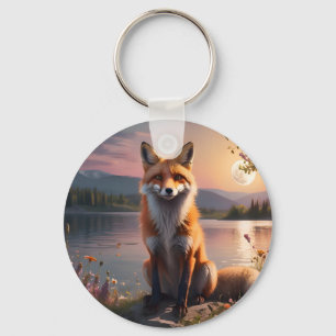 Fox sitting by the lake in the sunset. key ring