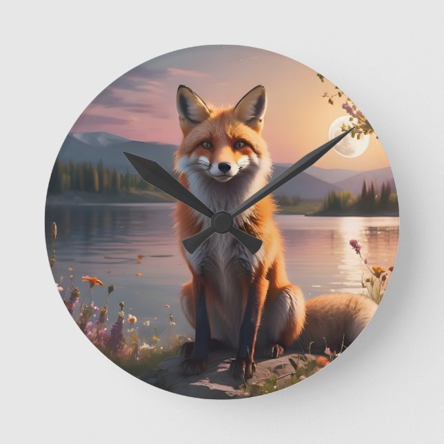 Fox sitting by the lake in the sunset. round clock (Front)