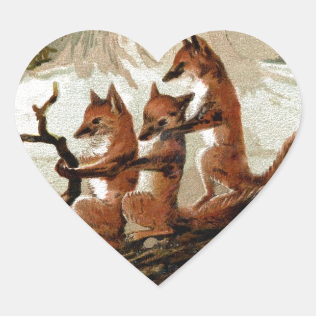Fox Sleigh Ride Vintage Print Heart Sticker (Front)