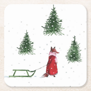 Fox snow winter Christmas illustration  Square Paper Coaster