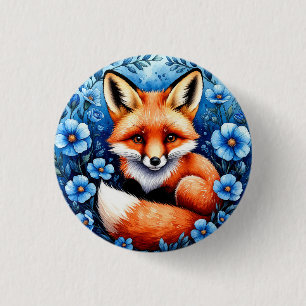 Fox Surrounded by Blue Flowers 3 Cm Round Badge