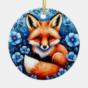 Fox Surrounded by Blue Flowers Ceramic Ornament