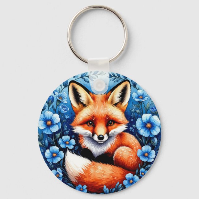 Fox Surrounded by Blue Flowers Key Ring (Front)