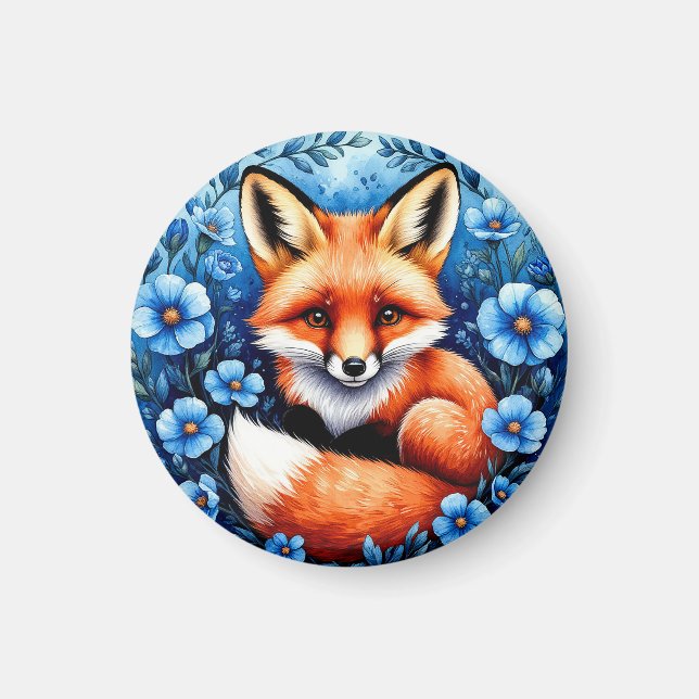 Fox Surrounded by Blue Flowers Magnet (Front)